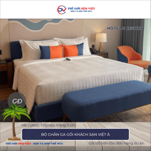 Bộ chăn ga gối khách sạn Việt Á vải Cotton T250 sọc trắng 3cm 2-1